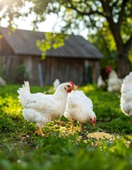 Fototapeta premium Two white chickens peck at feed in a grassy yard, with other chickens and a rustic building in the background, sunlit