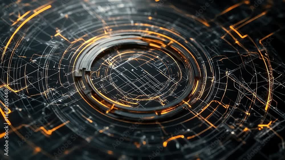 Poster concentric circles of dark metal with glowing orange and white lines form a complex abstract technol