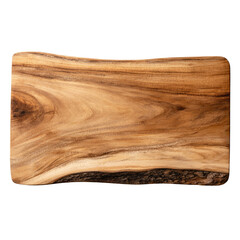 A rustic, live-edge acacia wood cutting board with natural grain and texture, isolated on green. background removed