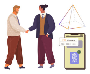 Two individuals shaking hands in formal attire, a secure smartphone verification process with fingerprint and code, and a geometric prism. Ideal for business, digital security, partnership