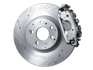 Front View Car Brake Disc with Caliper, Isolated on Transparent Background