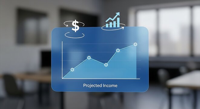Digital projected income graph on a blue interface with financial icons