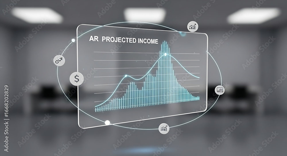 Poster augmented reality projected income graph with financial data visualization in office