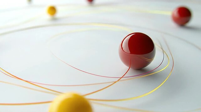 Glossy red and yellow spheres are interconnected by thin colorful lines against a stark white backdrop