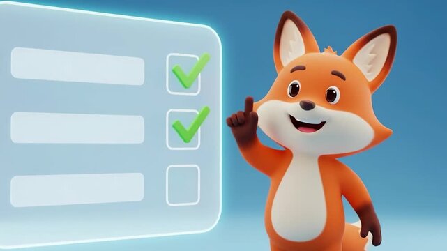 A cute and friendly cartoon fox character points to a completed checklist with green check marks symbolizing success productivity organization and getting things done efficiently

