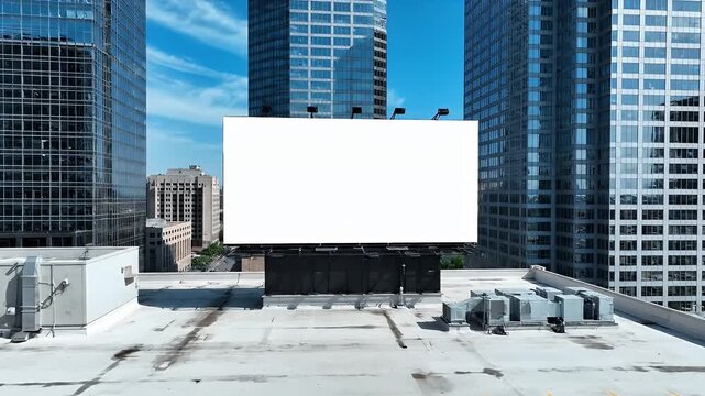 Blank billboard on a rooftop amidst towering city skyscrapers.