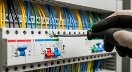 A gloved hand uses a screwdriver to work on a circuit breaker in a home electrical panel, with colorful wires and switches visible. This image represents electrical work, safety, and home renovation.

