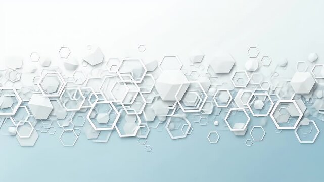 White geometric shapes primarily hexagons arranged in a cascading pattern on a light blue and white background