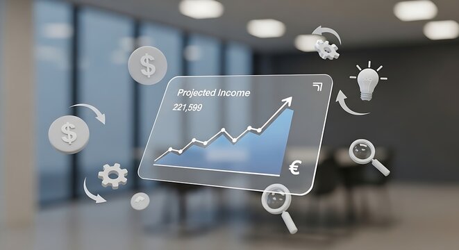 3d rendering of a financial graph with icons representing growth and analysis in a modern office