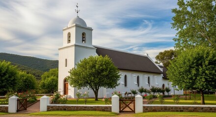 Fototapeta premium Picturesque white chapel nestled in a verdant landscape under a serene sky