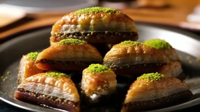 Sweet Turkish Baklava Pastries with Pistachio Topping on a Metal Plate, a Traditional Delight
