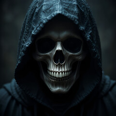 A haunting close-up of a skull in a dark hood, conveying a sense of mystery and eeriness, perfect for Halloween themes and horror artwork.