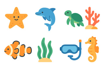 Naklejka premium Marine Protection Icons. Flat vector mini-illustrations marine life protection in colors children's