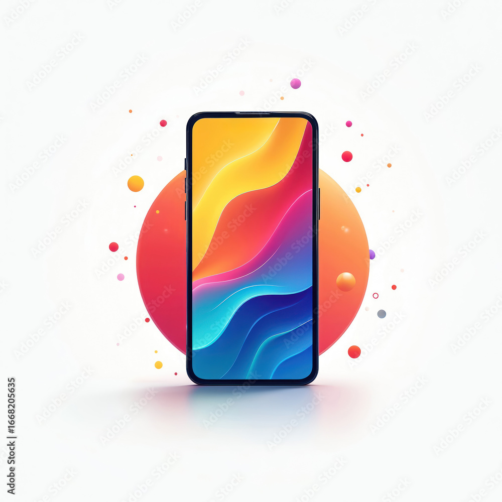 Poster modern smartphone displaying abstract colorful waves on screen. device features sleek design, isolat