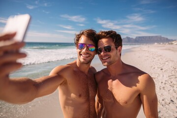 Fototapeta premium Couple Vacation Mexico. Homosexual Men Enjoying Beach Friendship