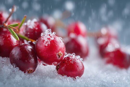 Cranberries Snow. Closeup of Red Berries in White Winter Snow