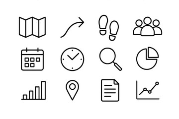 Audience Journey Icons. Outline icon set of audience journey mapping: map, path arrow, footprints, group of