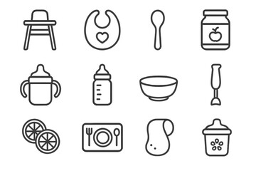 Baby Feeding Time Icons. Outline icon set of baby feeding time: high chair, bib, spoon, baby food jar, sippy