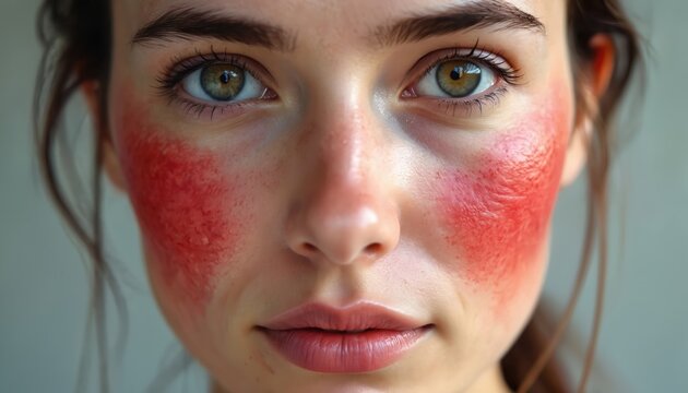 Closeup of woman face with red lupus rash across cheeks and nose. Illustrates skin conditions like lupus allergy, facial rash. Focus on dermatology, health conditions, and medical awareness for women.