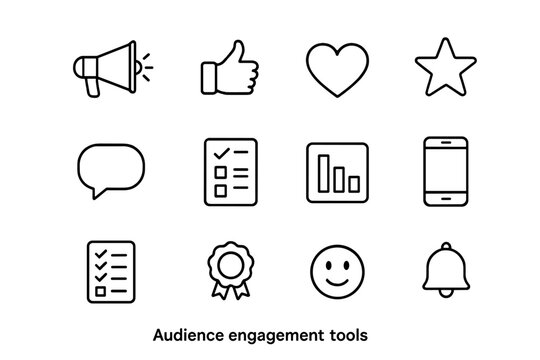 Audience Engagement Icons. Outline icon set of audience engagement tools: megaphone, like button, heart, star,