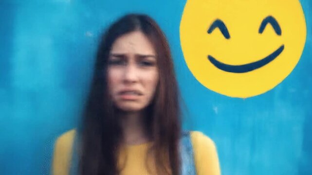 Young woman with disgusted facial expression stands near yellow smiley face on blue textured wall
