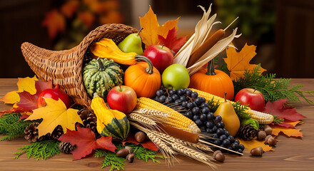 Cornucopia filled with autumn fruits and vegetables ai generated