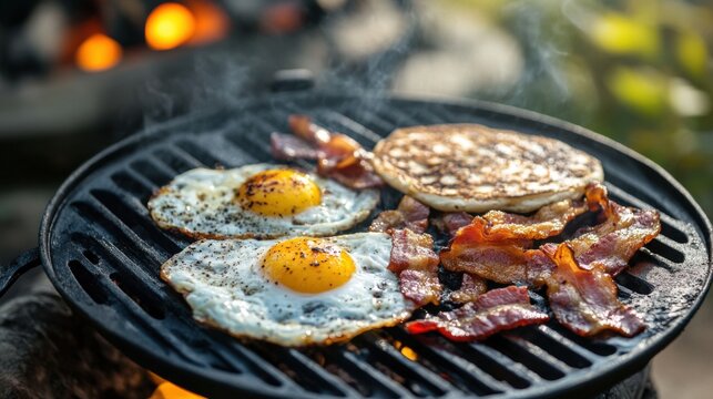 Sizzling breakfast on a grill with eggs, bacon, and pancakes during a sunny outdoor gathering in the morning - Powered by Adobe
