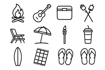 Beach Campfire Icons. Outline icon set of beach campfire party: campfire, guitar, marshmallows, cooler, beach