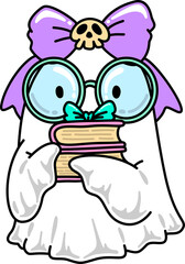Halloween Cute Ghost Character with Book Cartoon