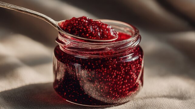 Delicious red fruit preserve in a glass jar with a silver spoon resting on top - Powered by Adobe
