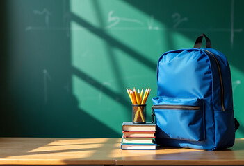 Back to school. Blue backpack on a school desk, stack of books.