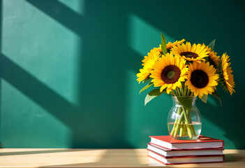 Back to school concept. Teachers' Day. A bouquet of sunflowers stands on a school desk, stack of books. Educational atmosphere.