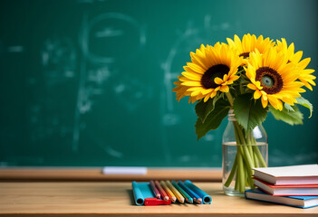 Back to school concept. Teachers' Day. A bouquet of sunflowers stands on a school desk, stack of books. Educational atmosphere.