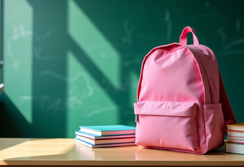Pink backpack and stack of books, green chalkboard in the background, school theme, back to school and educational atmosphere
