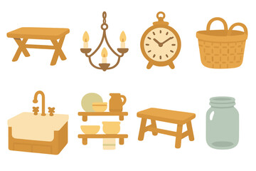 Farmhouse Interior Icons. Flat vector mini-illustrations Farmhouse style interiors in colors children's