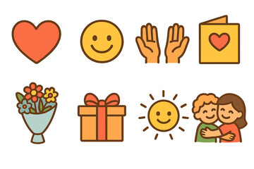 Fototapeta premium Gratitude Icons for Kids. Flat vector mini-illustrations Gratitude in colors children's illustrations: heart