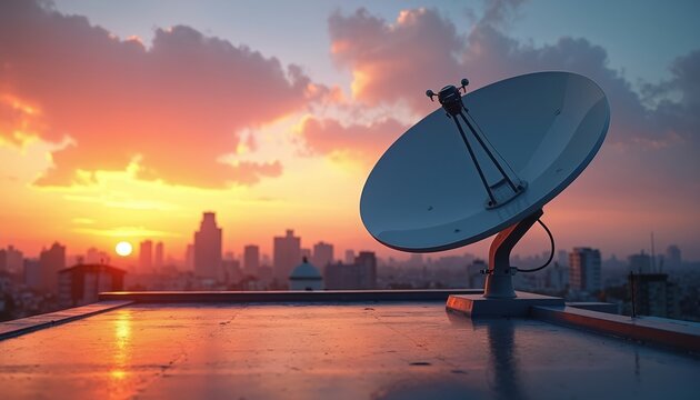 Satellite dish antenna on house roof against bright afternoon sky with city skyline silhouette. Modern communication technology equipment for signal reception in urban rooftop setting, receiving
