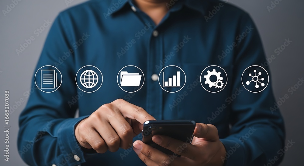 Poster person using digital interface with icons technology