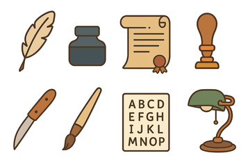 Historical Writing Tools. Flat vector mini-illustrations Historical calligraphy tools in colors children's