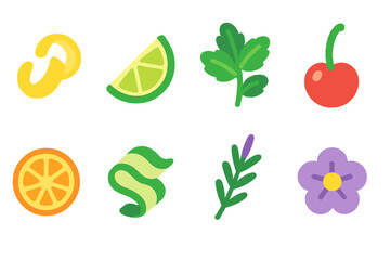 Playful Cocktail Garnishes. Flat vector mini-illustrations Garnishes for cocktails in colors children's