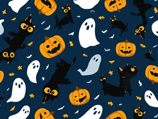 Fototapeta premium Halloween pattern cats ghosts pumpkins bats stars spooky festive dark