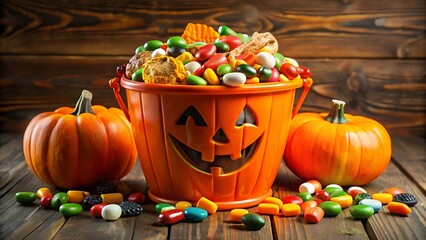 Jackolantern bucket overflowing with halloween candy on wood