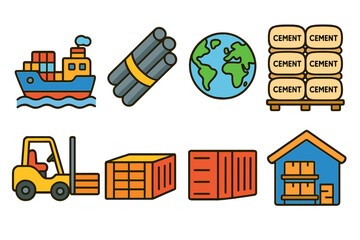 Global Trade Icons. Flat vector mini-illustrations Global construction materials trade in colors children's
