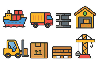 Kids' Logistics Icons. Flat vector mini-illustrations Infrastructure goods logistics in colors children's