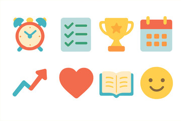 Motivational Kids Icons. Flat vector mini-illustrations Motivation and discipline in colors children's