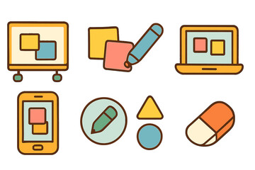 Colorful Classroom Tools. Flat vector mini-illustrations Virtual whiteboard tools in colors children's