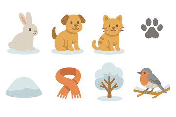 Winter Wildlife Icons. Flat vector mini-illustrations Wildlife and pets in winter in colors children's