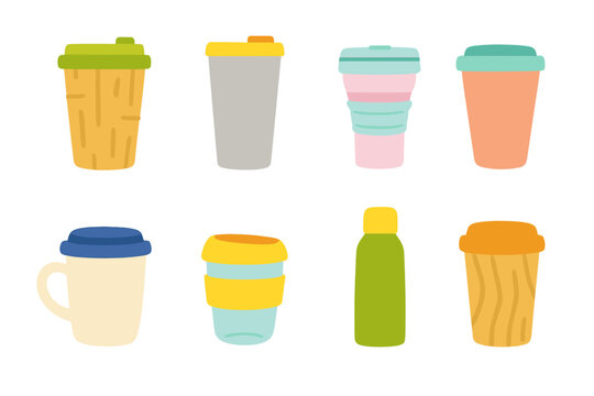 Reusable Coffee Cups Icons. Flat vector mini-illustrations reusable coffee cups in colors children's