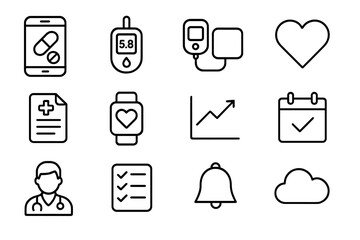 Chronic Disease Management Icons. Outline icon set of chronic disease management apps: pill reminder, glucose