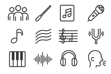Choir Icon Set. Outline icon set of group singing and choir: multiple singers, conductor stick, sheet music,